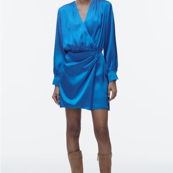 Zara Dress blue long sleeve draped wrapped mini party cocktail wedding - Picture 3 of 7